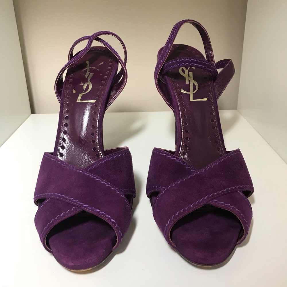 Purple Suede YSL Ankle Wrap Pumps